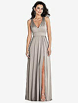 Front View Thumbnail - Taupe Shirred Shoulder Criss Cross Back Maxi Dress with Front Slit