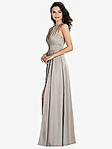 Side View Thumbnail - Taupe Shirred Shoulder Criss Cross Back Maxi Dress with Front Slit