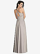 Rear View Thumbnail - Taupe Shirred Shoulder Criss Cross Back Maxi Dress with Front Slit
