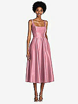 Front View Thumbnail - Carnation Square Neck Full Skirt Satin Midi Dress with Pockets