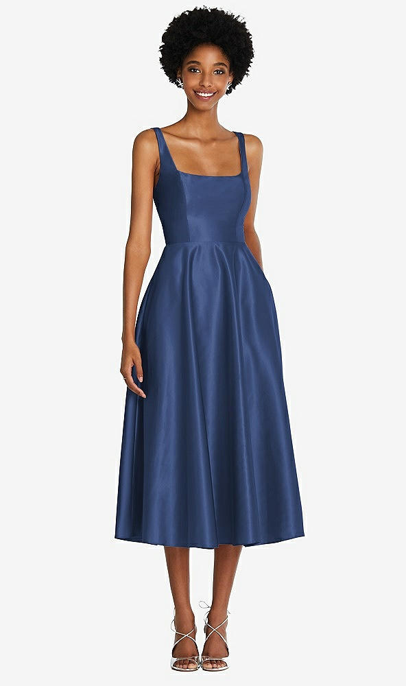 Front View - Sailor Square Neck Full Skirt Satin Midi Dress with Pockets