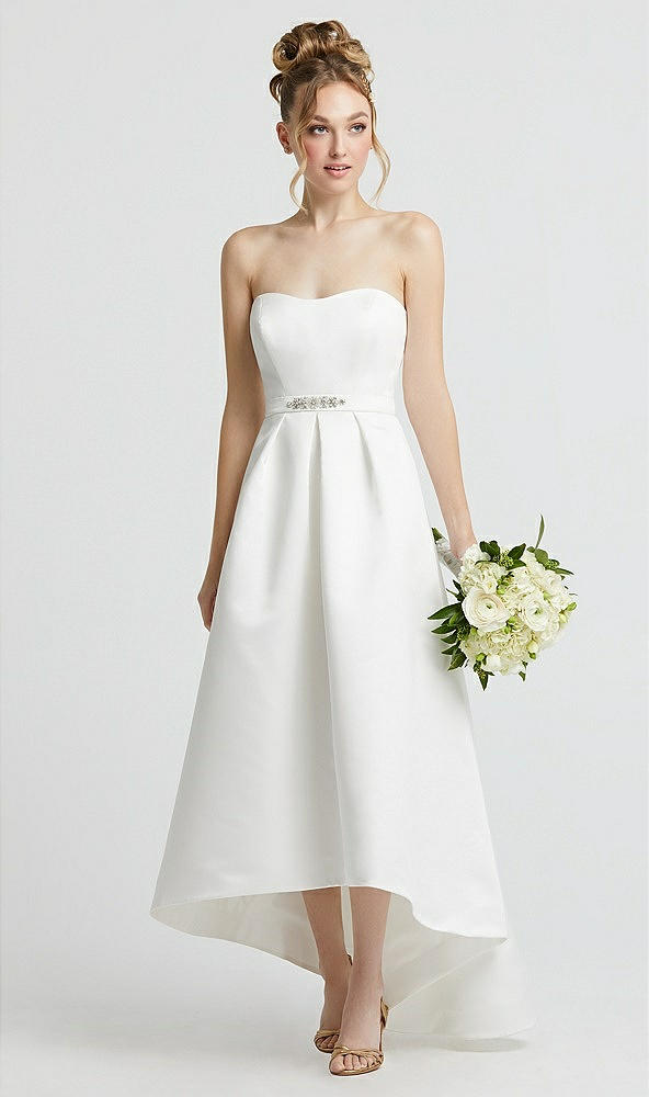 Front View - Off White Sweetheart Strapless High Low Wedding Dress with Beaded Belt