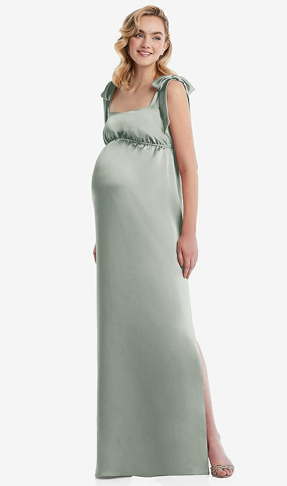 Front View - Willow Green Flat Tie-Shoulder Empire Waist Maternity Dress