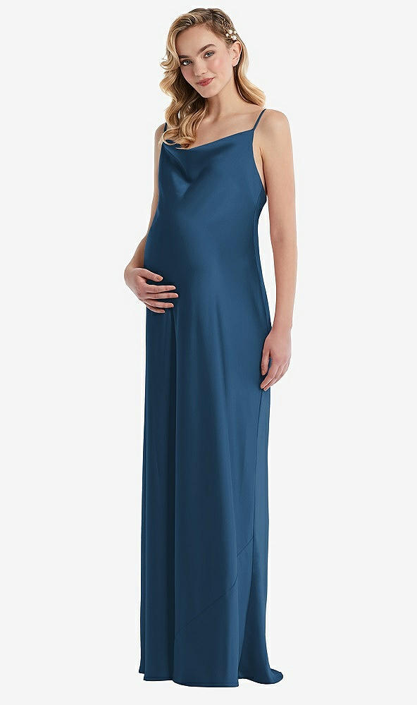 Front View - Dusk Blue Cowl-Neck Tie-Strap Maternity Slip Dress