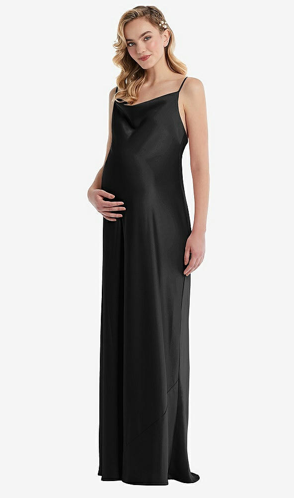 Front View - Black Cowl-Neck Tie-Strap Maternity Slip Dress
