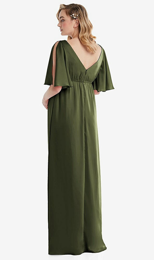 Back View - Olive Green Flutter Bell Sleeve Empire Maternity Dress