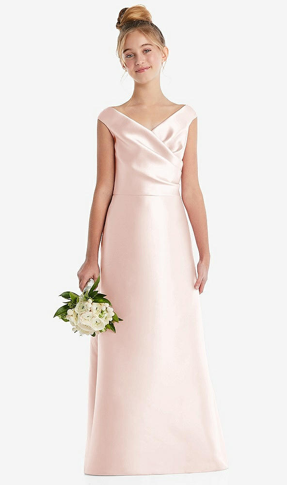 Front View - Blush Off-the-Shoulder Draped Wrap Satin Junior Bridesmaid Dress