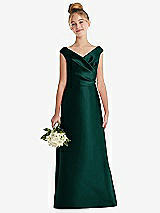 Front View Thumbnail - Evergreen Off-the-Shoulder Draped Wrap Satin Junior Bridesmaid Dress