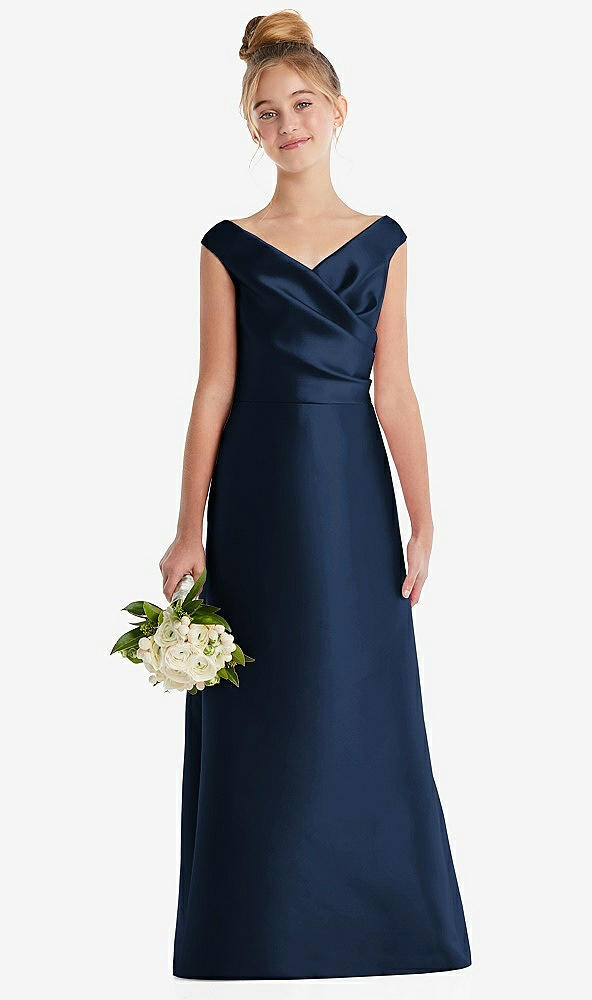 Front View - Midnight Navy Off-the-Shoulder Draped Wrap Satin Junior Bridesmaid Dress