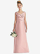 Front View Thumbnail - Rose - PANTONE Rose Quartz Off-the-Shoulder Draped Wrap Satin Junior Bridesmaid Dress