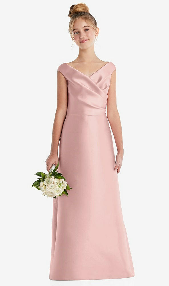 Front View - Rose - PANTONE Rose Quartz Off-the-Shoulder Draped Wrap Satin Junior Bridesmaid Dress