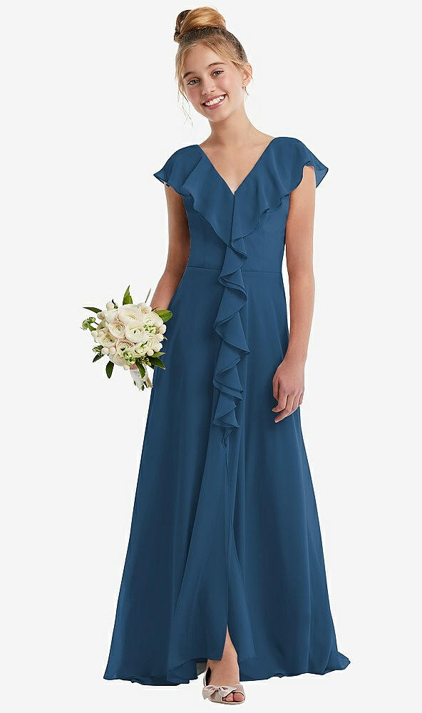 Front View - Dusk Blue Cascading Ruffle Full Skirt Chiffon Junior Bridesmaid Dress