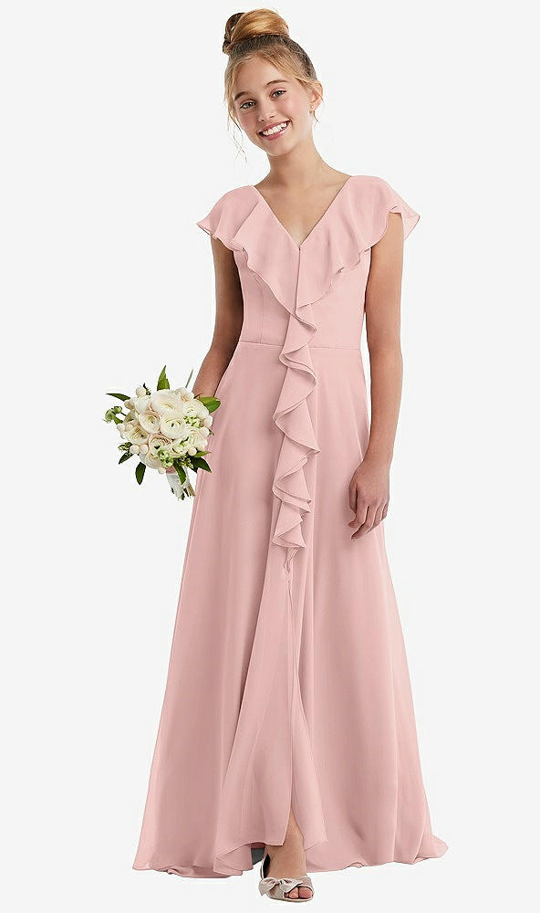 Front View - Rose - PANTONE Rose Quartz Cascading Ruffle Full Skirt Chiffon Junior Bridesmaid Dress