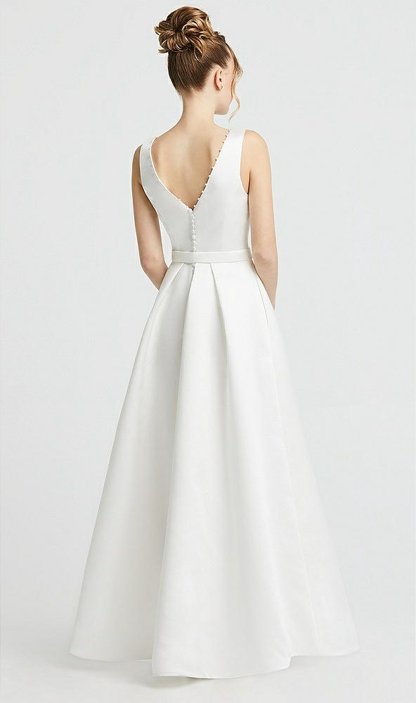 Back View - Off White Pearl-Trimmed Deep V-Neck Satin Wedding Dress with Pockets