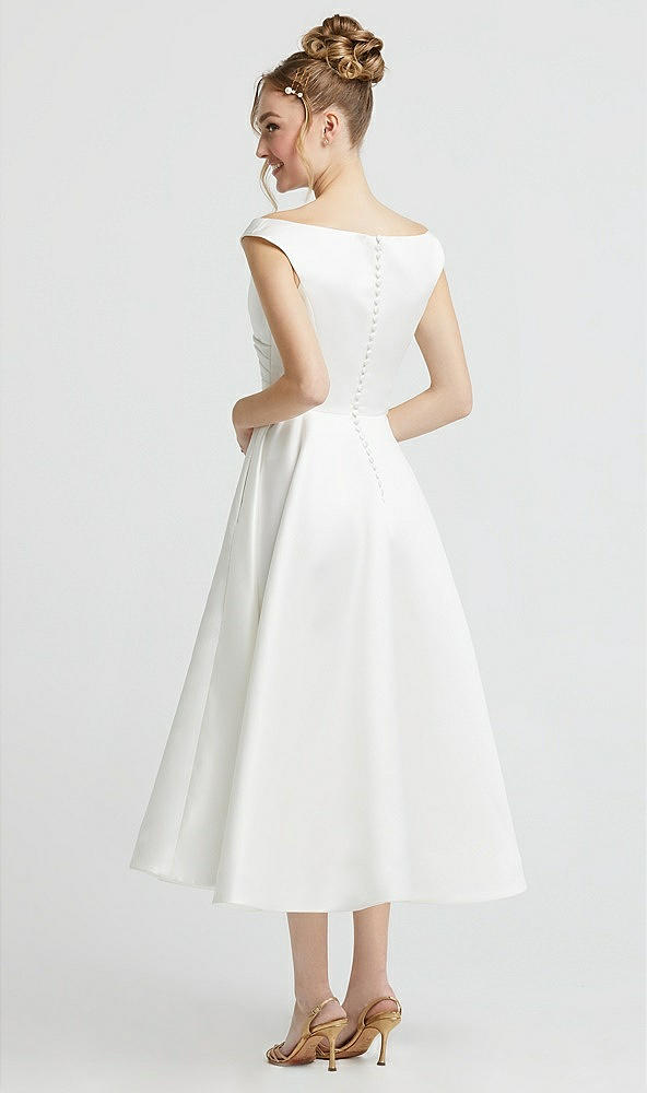 Back View - Off White Draped Off-the-Shoulder Satin Wedding Dress with Pockets
