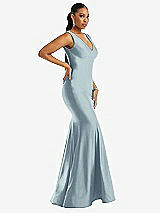 Side View Thumbnail - Mist Shirred Shoulder Stretch Satin Mermaid Dress with Slight Train