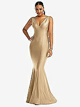 Front View Thumbnail - Soft Gold Shirred Shoulder Stretch Satin Mermaid Dress with Slight Train