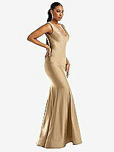 Side View Thumbnail - Soft Gold Shirred Shoulder Stretch Satin Mermaid Dress with Slight Train