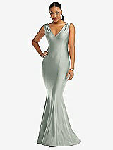 Front View Thumbnail - Willow Green Shirred Shoulder Stretch Satin Mermaid Dress with Slight Train