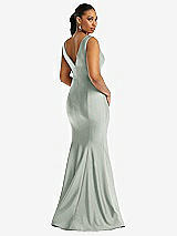Rear View Thumbnail - Willow Green Shirred Shoulder Stretch Satin Mermaid Dress with Slight Train