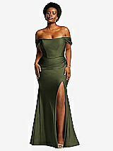 Front View Thumbnail - Olive Green Off-the-Shoulder Corset Stretch Satin Mermaid Dress with Slight Train