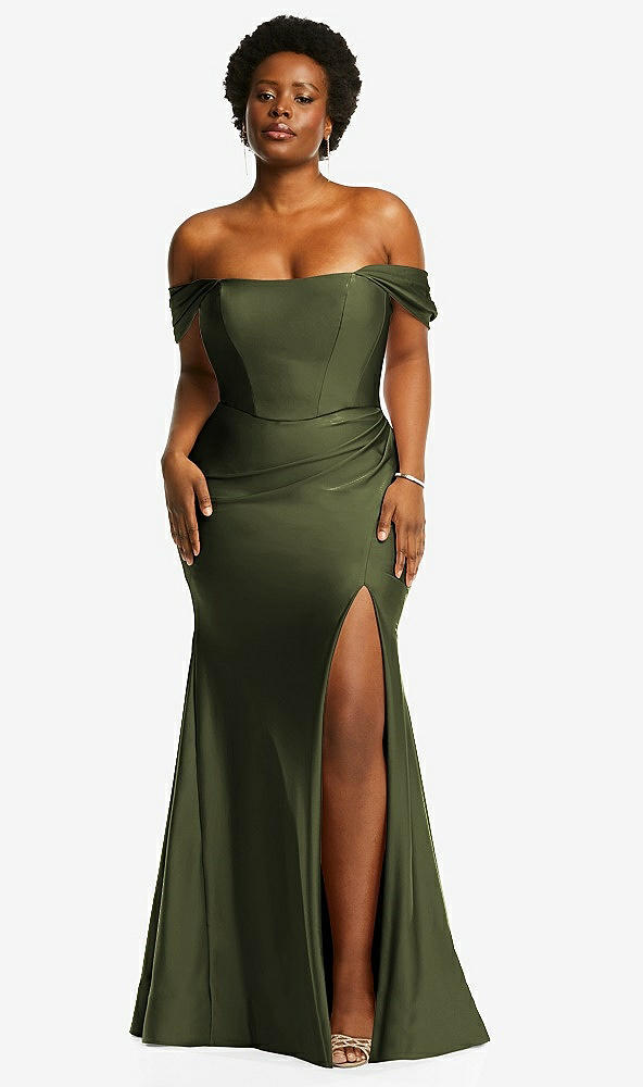 Front View - Olive Green Off-the-Shoulder Corset Stretch Satin Mermaid Dress with Slight Train