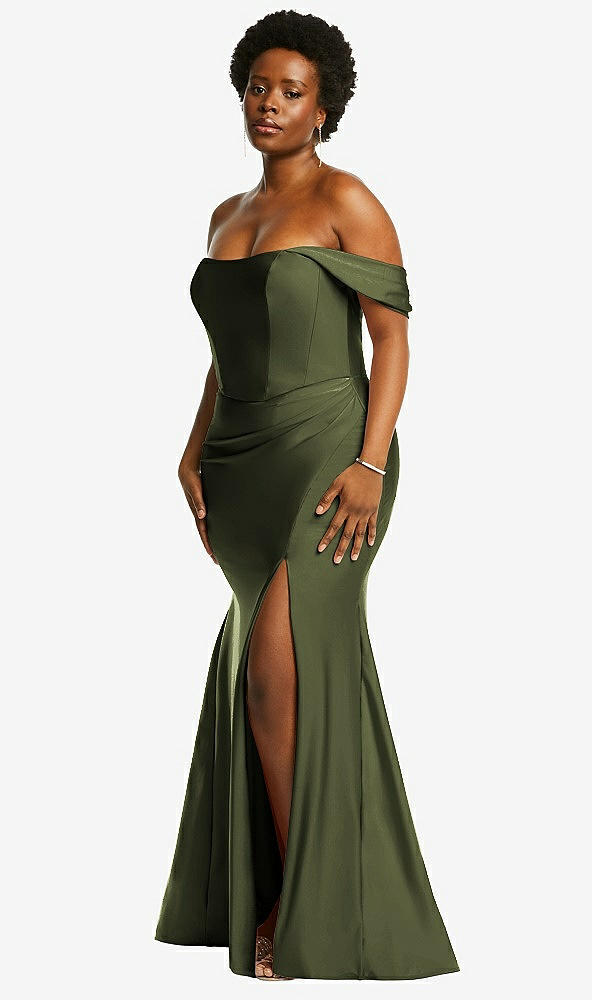 Back View - Olive Green Off-the-Shoulder Corset Stretch Satin Mermaid Dress with Slight Train