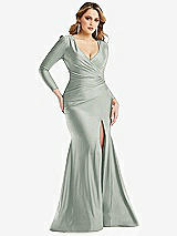 Front View Thumbnail - Willow Green Long Sleeve Draped Wrap Stretch Satin Mermaid Dress with Slight Train