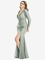 Side View Thumbnail - Willow Green Long Sleeve Draped Wrap Stretch Satin Mermaid Dress with Slight Train