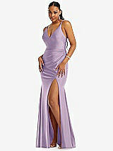 Front View Thumbnail - Pale Purple Deep V-Neck Stretch Satin Mermaid Dress with Slight Train