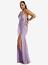 Side View Thumbnail - Pale Purple Deep V-Neck Stretch Satin Mermaid Dress with Slight Train