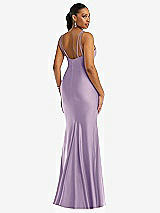 Rear View Thumbnail - Pale Purple Deep V-Neck Stretch Satin Mermaid Dress with Slight Train