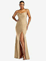 Front View Thumbnail - Soft Gold Cowl-Neck Open Tie-Back Stretch Satin Mermaid Dress with Slight Train