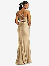 Rear View Thumbnail - Soft Gold Cowl-Neck Open Tie-Back Stretch Satin Mermaid Dress with Slight Train