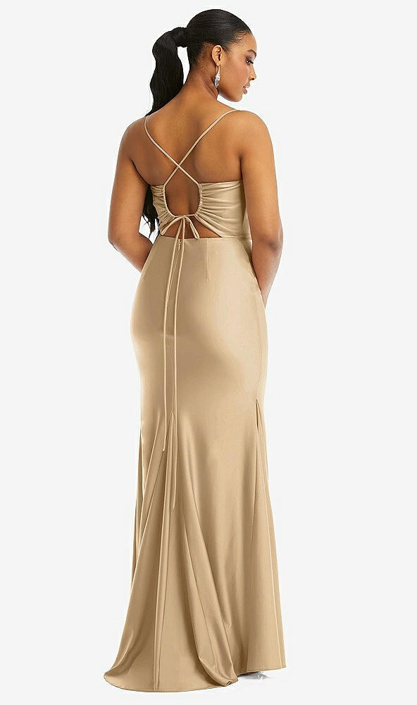 Back View - Soft Gold Cowl-Neck Open Tie-Back Stretch Satin Mermaid Dress with Slight Train