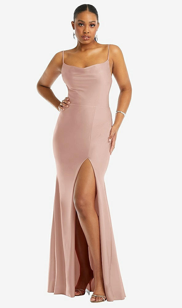Front View - Toasted Sugar Cowl-Neck Open Tie-Back Stretch Satin Mermaid Dress with Slight Train
