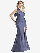 Alt View 1 Thumbnail - French Blue Cascading Bow One-Shoulder Stretch Satin Mermaid Dress with Slight Train