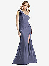 Front View Thumbnail - French Blue Cascading Bow One-Shoulder Stretch Satin Mermaid Dress with Slight Train