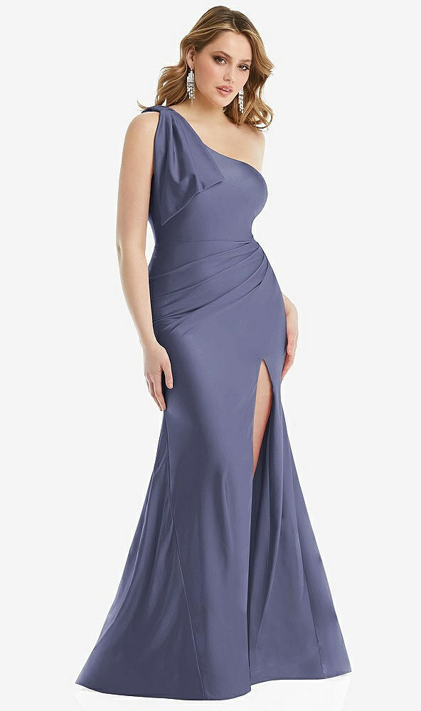Front View - French Blue Cascading Bow One-Shoulder Stretch Satin Mermaid Dress with Slight Train