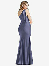 Rear View Thumbnail - French Blue Cascading Bow One-Shoulder Stretch Satin Mermaid Dress with Slight Train
