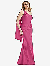 Front View Thumbnail - Tea Rose Scarf Neck One-Shoulder Stretch Satin Mermaid Dress with Slight Train