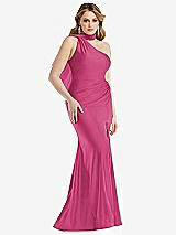Side View Thumbnail - Tea Rose Scarf Neck One-Shoulder Stretch Satin Mermaid Dress with Slight Train