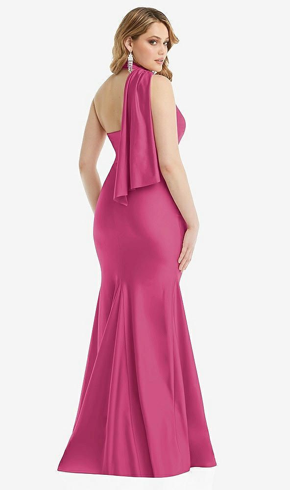 Back View - Tea Rose Scarf Neck One-Shoulder Stretch Satin Mermaid Dress with Slight Train