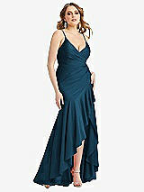 Front View Thumbnail - Atlantic Blue Pleated Wrap Ruffled High Low Stretch Satin Gown with Slight Train