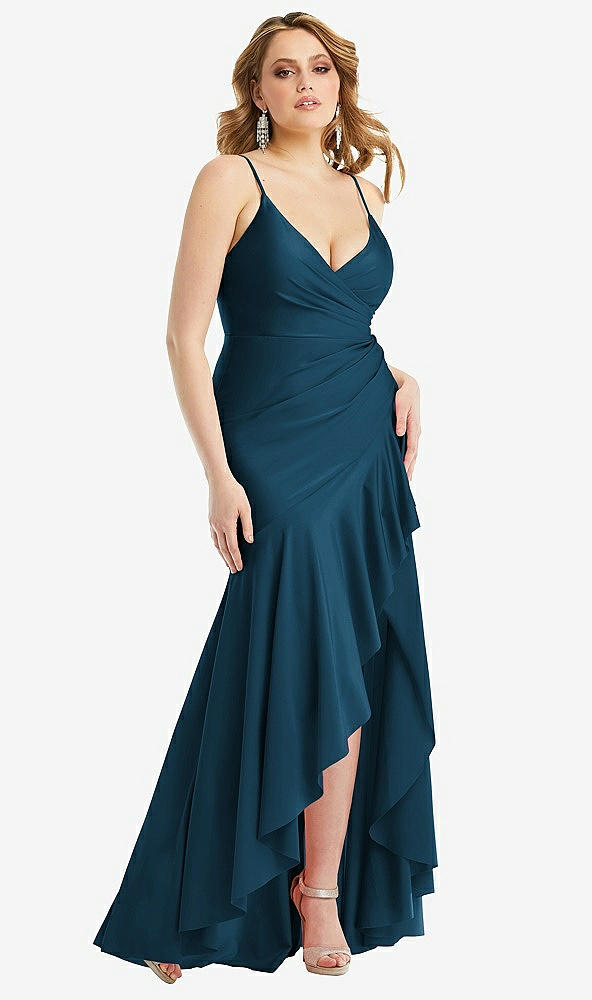 Front View - Atlantic Blue Pleated Wrap Ruffled High Low Stretch Satin Gown with Slight Train