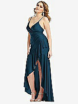 Side View Thumbnail - Atlantic Blue Pleated Wrap Ruffled High Low Stretch Satin Gown with Slight Train