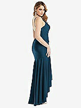 Rear View Thumbnail - Atlantic Blue Pleated Wrap Ruffled High Low Stretch Satin Gown with Slight Train
