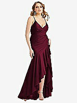 Front View Thumbnail - Cabernet Pleated Wrap Ruffled High Low Stretch Satin Gown with Slight Train