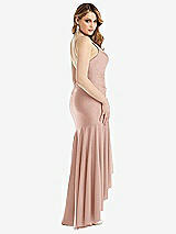 Rear View Thumbnail - Toasted Sugar Pleated Wrap Ruffled High Low Stretch Satin Gown with Slight Train