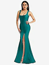 Alt View 1 Thumbnail - Peacock Teal Square Neck Stretch Satin Mermaid Dress with Slight Train